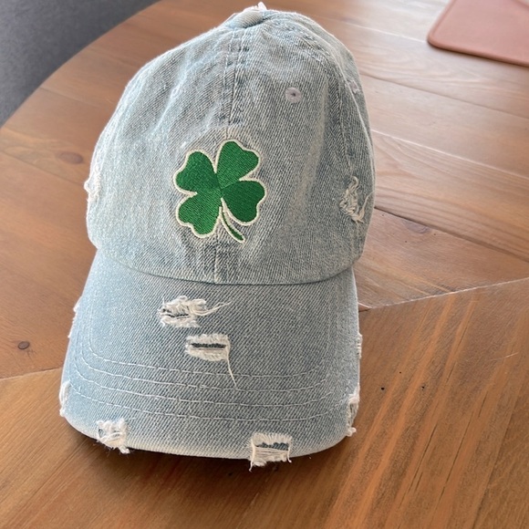 Claire's Lucky Clover Distressed Denim Baseball Hat - Picture 1 of 7